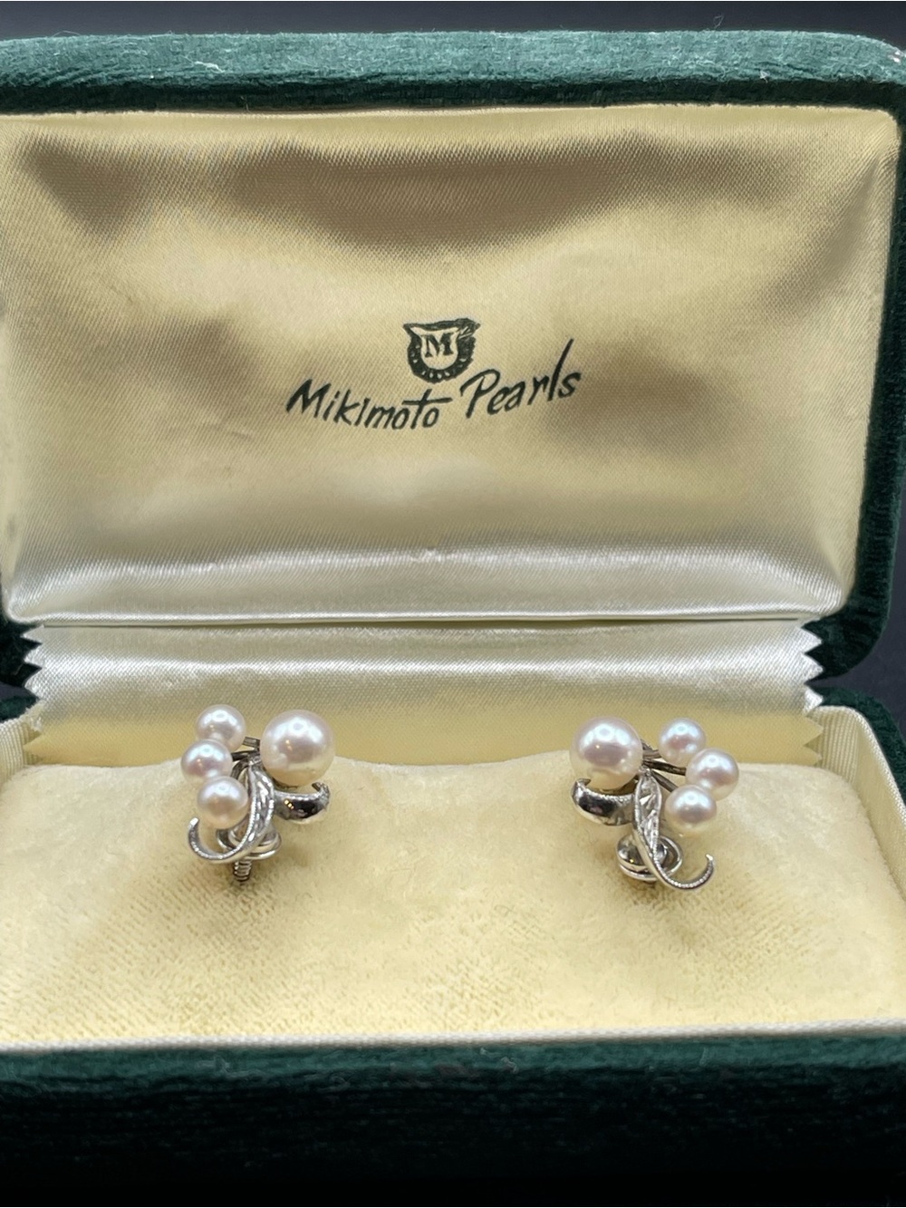 Vintage Mikimoto Pearl Cluster Screw Back Earrings Sterling Silver w/ Box